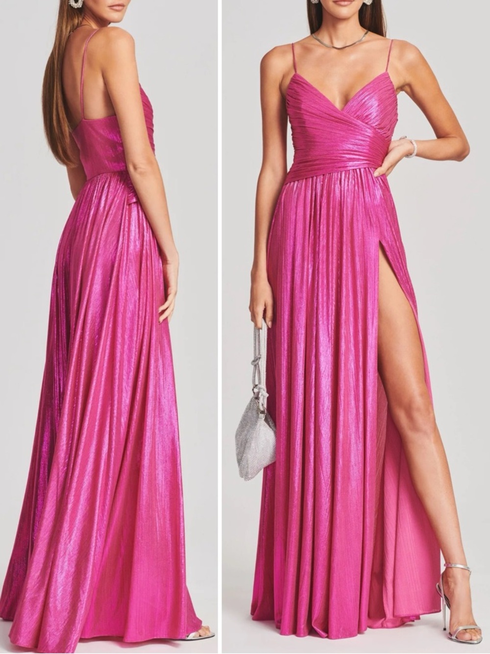 RETROFETE Doss Metallic Pleated High Slit Cocktail Gown Dress \\ S